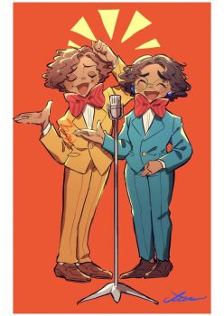 1boy 1girl afro alternate_costume bow brown_hair camilo_madrigal curly_hair dark-skinned_female dark-skinned_male dark_skin encanto microphone microphone_stand mirabel_madrigal miz_esc shirt short_hair simple_background smile tuxedo_cat white_shirt