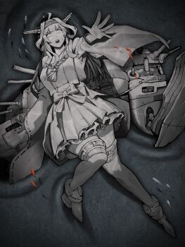 Rule 34 | 1girl, blunt bangs, colored sclera, colored skin, cracked skin, exhatomi, fish, full body, grey hair, grey sclera, grey skin, hair ornament, highres, japanese clothes, kantai collection, knees together feet apart, kongou (kancolle), lying, no irises, no pupils, on back, open hand, open mouth, outstretched arm, partially submerged, petrification, pupiless eyes, reaching, reaching towards viewer, solid eyes, solo, statue, stone skin, submerged, transformation