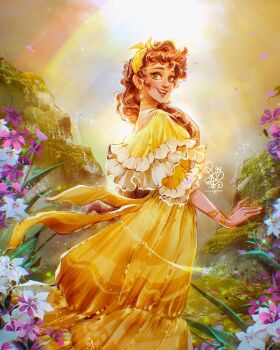 1girl brown_hair colombian_clothes commentary curly_hair dress earrings encanto english_commentary from_side happy highres jewelry long_hair looking_at_viewer low_ponytail open_mouth pepa_madrigal ponytail roytheart smile solo yellow_dress