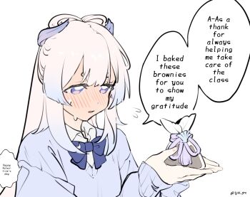 1girl blue_bow blue_bowtie blue_sweater blunt_sidelocks blush bow bowtie collared_shirt commentary dot_nose english_commentary english_text eyelashes genshin_impact gradient_hair happy_valentine highres long_hair looking_to_the_side multicolored_hair parted_lips purple_eyes sangonomiya_kokomi shirt sidelocks simple_background solo speech_bubble sweat sweater twitter_username unholymilk upper_body valentine white_background white_shirt