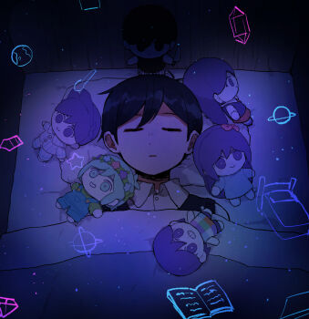 Rule 34 | 1boy, antenna hair, aubrey (headspace) (omori), aubrey (omori), basil (headspace) (omori), basil (omori), black hair, black sweater vest, blanket, character doll, closed eyes, closed mouth, collared shirt, commentary request, doll, hair behind ear, hero (headspace) (omori), hero (omori), kel (headspace) (omori), kel (omori), lying, male focus, mari (headspace) (omori), mari (omori), okudo (okudo61), omori, omori (omori), on back, shirt, short hair, sleeping, solo, stuffed toy, sunny (omori), sweater vest, under covers, white shirt