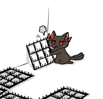 black_cat cat commentary_request full_body kaenbyou_rin kaenbyou_rin_(cat) multiple_tails no_humans noai_nioshi puff_of_air simple_background solo tail touhou two_tails white_background