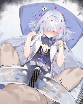 1boy 1girl ? absurdres bar_censor blush bracelet breasts censored commentary_request cum ejaculation hands_up hetero highres internal_cumshot jacket jewelry long_hair lying missionary monster_girl mornye_(wuthering_waves) on_back penis red_eyes see-through_body short_sleeves slime_girl small_breasts speech_bubble spoken_question_mark spread_legs thick_eyelashes uta_(xuyansong1996) white_hair white_jacket wuthering_waves