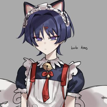 Rule 34 | 1boy, acronym, angel wings, animal ear hairband, animal ears, apron, arm at side, bell, belt, black dress, black hair, black hairband, black sleeves, blunt ends, bow, bowtie, bright pupils, cat ears, choppy bangs, closed mouth, dress, expressionless, eyeliner, fake animal ears, frilled apron, frilled hairband, frills, genshin impact, gold belt, grey background, hair intakes, hairband, highres, jingle bell, juliet sleeves, long sleeves, looking at viewer, low wings, makeup, male focus, moo (moo 8986), necktie, portrait, puffy sleeves, purple eyes, red bow, red bowtie, red eyeliner, red necktie, scaramouche (genshin impact), short sleeves, sketch, solo, tsurime, white apron, white pupils, white wings, wings