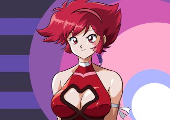 Rule 34 | 1girl, 2000s (style), armband, artist name, bodysuit, breasts, choker, cleavage, cleavage cutout, clothing cutout, covered erect nipples, cutie honey, cutie honey (character), hair ornament, heart, heart choker, heart cutout, heart tattoo, highres, kurumi-lover, looking at viewer, medium breasts, nagai gou, nipples, covered erect nipples, re: cutie honey, red eyes, red hair, shiny clothes, shiny skin, short hair, solo, tattoo, tomboy