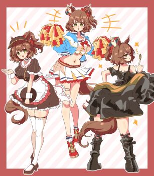 1girl akikawa_noya alternate_costume animal_ears aston_machan_(umamusume) belt black_boots black_jacket black_leg_warmers black_shirt black_shorts blue_jacket blush boots breasts brown_hair brown_shirt brown_skirt cheerleader closed_mouth coco's coin collar collarbone commentary_request cosplay crop_top crown frilled_collar frills genkai_made_pom_pon!! gold_coin green_eyes hair_between_eyes hair_ornament hair_scrunchie highres holding holding_pom_poms holding_tray horse_ears horse_girl horse_tail jacket jacket_partially_removed large_breasts leg_warmers long_sleeves looking_at_viewer medium_hair midriff mini_crown multiple_views navel nice_nature_(run_&amp;_win)_(umamusume) nice_nature_(umamusume) nice_nature_(umamusume)_(cosplay) one_side_up open_clothes open_jacket open_mouth pom_pom_(cheerleading) pom_poms red_scrunchie scrunchie shirt shoes shorts skirt smile stay_gold_(umamusume) stay_gold_(umamusume)_(cosplay) tail thighhighs tilted_headwear tray umamusume visor_cap white_skirt white_thighhighs white_wrist_cuffs wrist_cuffs yellow_belt