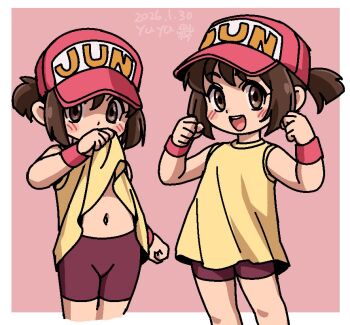 1girl arms_up bakusou_kyoudai_let's_&amp;_go!! bakusou_kyoudai_let's_&amp;_go!!_max baseball_cap bike_shorts blush brown_eyes brown_hair clenched_hands clothes_lift covered_mouth groin hat lifting_own_clothes loli multiple_views navel open_mouth pink_background ponytail red_hat red_shorts sagami_jun shirt shirt_lift short_hair shorts simple_background sleeveless sleeveless_shirt smile stomach thighs wristband yellow_shirt yuuya_(blue_scarab)