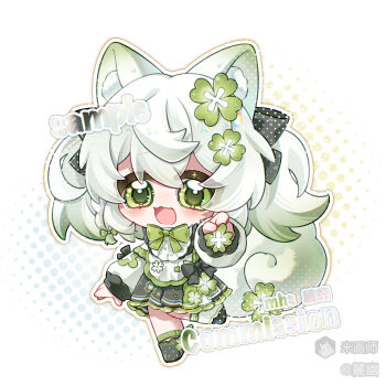 1girl :3 :d animal_ear_fluff animal_ears artist_name black_shoes blush bow bowtie chibi chibi_only clover_hair_ornament commission dress four-leaf_clover_hair_ornament frilled_dress frills full_body green_bow green_bowtie green_dress green_eyes green_hair hair_ornament highres long_hair long_sleeves luyou mihuashi_username open_mouth original outline sample_watermark shoes smile socks solo standing watermark white_background white_outline white_socks
