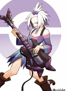 1girl bare_shoulders bass_guitar black_boots bo_(bouillustration) boots cable collarbone commentary_request dress forehead gen_1_pokemon green_eyes hair_bobbles hair_ornament highres holding holding_bass_guitar holding_instrument instrument koffing long_sleeves music nintendo open_mouth playing_bass_guitar playing_instrument poke_ball_symbol pokemon pokemon_bw2 roxie_(pokemon) short_hair simple_background smile solo striped_clothes striped_dress teeth topknot twitter_username two-tone_dress v-shaped_eyebrows white_background white_hair