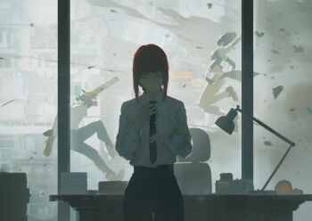 1boy 2girls adjusting_clothes adjusting_necktie apron black_apron black_necktie black_pants black_shoes blunt_bangs bomb_devil_(chainsaw_man) building chainsaw chainsaw_man chair closed_eyes collared_shirt cowboy_shot debris denji_(chainsaw_man) desk desk_lamp dino_(dinoartforame) explosion glass_wall highres jumping lamp looking_at_another makima_(chainsaw_man) multiple_girls necktie object_head office_chair panties pants red_hair sharp_teeth shirt shoes sidelocks socks standing swivel_chair teeth underwear white_panties white_shirt white_socks