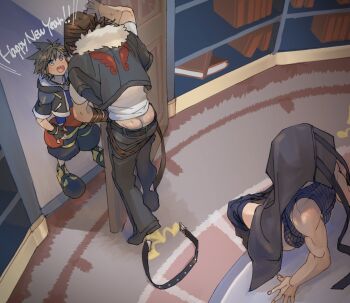 3boys age_difference arm_belt ass belt black_belt black_boots black_gloves black_jacket black_pants black_shorts blue_eyes blue_shirt blue_sweater book boots brown_hair butt_crack carpet chain chain_necklace clothes_on_floor clothes_pull cloud_strife commentary_request cropped_jacket english_text evening fake_wings final_fantasy final_fantasy_vii final_fantasy_viii fingerless_gloves from_above full_body fur-trimmed_jacket fur_trim gloves happy happy_new_year height_difference highres implied_yaoi interrupted jacket jewelry kingdom_hearts kingdom_hearts_ii male_focus multiple_belts multiple_boys necklace new_year object_on_head open_clothes open_jacket open_mouth opening_door pants pants_pull partially_undressed pendant pouch puffy_shorts rug ryouto shelf shirt shoes shorts sitting sleeveless sleeveless_sweater smile sora_(kingdom_hearts) squall_leonhart studded_belt sweat sweater thigh_pouch toned toned_male waist_cape white_shirt wings yellow_shoes