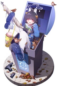 1girl @_@ absurdres ahoge animal_ears bird black_gloves black_hair blue_archive blue_serafuku bolt_action commentary eurasian_tree_sparrow fake_animal_ears furrowed_brow gloves green_neckerchief gun halo handgun highres in_container in_trash_can kohaku_rinne leaf leaf_on_head long_sleeves looking_at_viewer miyu_(blue_archive) mosin-nagant neckerchief pantyhose rabbit_ears red_eyes rifle sailor_collar school_uniform serafuku shoe_soles shoes simple_background sniper_rifle solo sparrow tears trash_can weapon white_background white_pantyhose white_sailor_collar