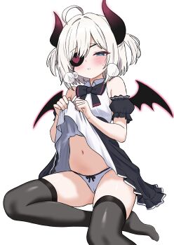 1girl absurdres ahoge bare_shoulders black_skirt black_thighhighs blue_eyes blush bow bowtie cameltoe clothes_lift collared_shirt commission demon_horns demon_wings detached_sleeves eyepatch high-waist_skirt highres horns lifting_own_clothes looking_at_viewer maplestory navel no_shoes oldsickkim panties parted_lips player_character_(maplestory) shirt short_hair short_sleeves simple_background sitting skirt skirt_lift sleeveless sleeveless_shirt solo stomach sweat thighhighs two_side_up underwear white_background white_hair white_panties white_shirt wings