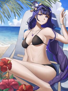 1girl alternate_costume armpits bare_arms bare_legs beach bikini black_bikini blue_pupils blue_sky blunt_bangs braid breasts cloud cloudy_sky collarbone commentary emlia07973290 eyewear_on_head fan_hair_ornament flower genshin_impact hair_ornament head_tilt highres jewelry leaning_to_the_side long_braid medium_breasts mole mole_under_eye multicolored_eyes navel necklace ocean outdoors palm_tree parted_lips purple_eyes purple_hair raiden_shogun red_flower sand shade single_braid sitting sky solo stomach string_bikini sunglasses swimsuit tree water