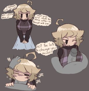 1boy 1girl ahoge bad_id bad_twitter_id blonde_hair blue_eyes breasts clothed_paizuri english_text fellatio grey_penis grey_skirt hetero highres large_breasts mob_face oral paizuri penis pleated_skirt purple_sweater short_hair skirt sweater tacoman talking urotsuki veins veiny_penis yume_2kki