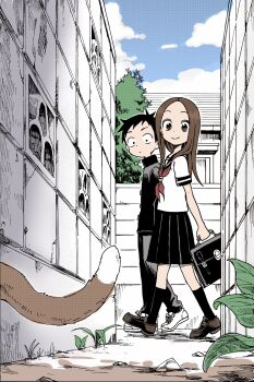 Rule 34 | 10s, 1boy, 1girl, alley, animal, black hair, blocks, blue sky, brown eyes, brown hair, cat, cat tail, cloud, commentary request, day, dirt, eyebrows, forehead, gakuran, grass, highres, karakai jouzu no takagi-san, necktie, nishikata, outdoors, red necktie, rock, school uniform, serafuku, shoes, sky, smile, sneakers, tail, takagi-san, yamamoto souichirou