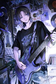1boy bishounen black_hair black_shirt blue_eyes chain-link_fence commentary_request denim denim_shorts dvd_(object) fence guitar hanakago_tsubasa headphones highres indoors instrument light_smile male_focus music nijisanji official_artist_extra ozaki_domino playing_instrument poster_(object) print_shirt shirt shorts signature solo virtual_youtuber