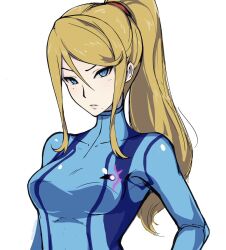 Rule 34 | 1girl, blonde hair, blue bodysuit, blue eyes, bodysuit, breasts, high ponytail, highres, long hair, looking at viewer, medium breasts, metroid, mole, mole under mouth, nintendo, parted lips, phiphi-au-thon, ponytail, samus aran, simple background, solo, upper body, v-shaped eyebrows, white background, zero suit