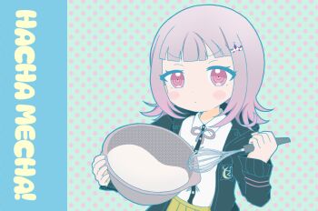 Rule 34 | 1girl, black jacket, black shirt, blush, blush stickers, collared shirt, commentary request, cream, danganronpa (series), danganronpa 2: goodbye despair, derivative work, dress shirt, flipped hair, frown, hair ornament, happy mille-feuille (idolmaster), highres, holding, holding whisk, idolmaster, jacket, long sleeves, medium hair, misa (usaginosakura), nanami chiaki, neck ribbon, parody, pink eyes, pink ribbon, ribbon, shirt, two-tone shirt, whisk, white shirt