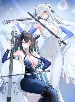 2girls absurdres aqua_hair black_hair bow_(music) breasts cello cinderella_(nikke) cleavage colored_inner_hair detached_sleeves dress folded_hair goddess_of_victory:_nikke hair_intakes hair_over_one_eye highres holding holding_bow_(music) holding_instrument holding_violin instrument large_breasts little_mermaid_(nikke) long_hair multicolored_hair multiple_girls music one_eye_covered playing_instrument red_eyes see-through_clothes shiny_eyes twintails velmillix very_long_hair violin white_hair
