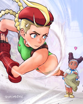 2girls :> ass attack bare_shoulders blonde_hair blue_eyes braid cammy_white capcom curvy dressing_another feet full_body green_leotard highleg highleg_leotard highres holding_pants huge_ass jumping leotard lily_hawk lips looking_at_another motion_lines multiple_girls nervous_sweating pants poncho pun quasimodox shiny_skin street_fighter street_fighter_6 surprised sweat twin_braids unworn_pants wide_hips wind
