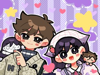 1boy 1girl alternate_costume antenna_hair ayam_bulan black_eyes black_hair blush bright_pupils brown_hair cardigan character_doll closed_mouth commentary dark-skinned_male dark_skin doll double-parted_bangs hair_between_eyes headscarf hero_(birthday)_(omori) hero_(faraway)_(omori) hero_(omori) highres long_hair looking_at_viewer mari_(birthday)_(omori) mari_(faraway)_(omori) mari_(omori) mari_(spirit)_(omori) omori open_mouth short_hair smile something_(omori) stuffed_toy sweater symbol-only_commentary turtleneck turtleneck_sweater twitter_username white_cardigan white_headscarf white_pupils