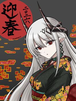 Rule 34 | 1girl, 2026, :o, absurdres, alternate costume, arknights, asa no ha (pattern), assiette47, black horns, black kimono, commentary, earrings, floral print, floral print kimono, grey hair, hair between eyes, highres, horns, infection monitor (arknights), japanese clothes, jewelry, kimono, long hair, looking at viewer, mudrock (arknights), new year, parted lips, pointy ears, print kimono, red eyes, solo, upper body