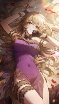1girl absurdres arm_strap arm_up bare_shoulders black_gloves blonde_hair blush closed_mouth commentary_request covered_navel datsha dress girls&#039;_frontline girls&#039;_frontline_2:_exilium gloves groza_(girls&#039;_frontline_2) highres korean_commentary long_hair looking_at_viewer lying mixed-language_commentary official_alternate_costume on_back ots-14_(girls&#039;_frontline) ots-14_(sangria_succulent)_(girls&#039;_frontline) petals purple_dress smile thigh_strap thighs yellow_eyes