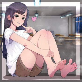 1girl barefoot black_eyes black_hair feet finger_to_mouth grin highres light_blush long_hair looking_at_viewer lumina414 shirt shorts smile soles steam t-shirt toes