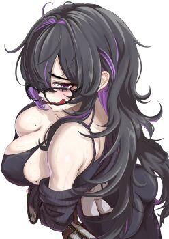 1girl absurdres black_dress black_hair breasts cleavage colored_inner_hair commentary_request dress goddess_of_victory:_nikke highres label_(nikke) large_breasts long_hair looking_at_viewer mole mole_on_breast multicolored_hair open_mouth purple_hair smile solo user_catk2382 very_long_hair white_background