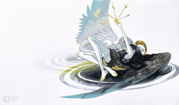 2girls absurdres angel angel_wings aqua_eyes arm_up bare_legs barefoot black_hair black_wings closed_eyes commentary_request crown eyeshadow feathered_wings full_body grey_hair halo highres long_hair lying makeup multiple_girls narrowed_eyes on_back original shiguretau sidelocks simple_background traditional_media very_long_hair white_wings wings yellow_eyeshadow yuri