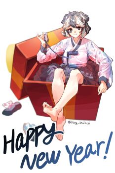 1girl absurdres animal_ears barefoot black_eyes black_hair blue_ribbon blue_skirt box closed_mouth commentary dog_ears english_commentary gift gift_box hanbok highres hong_sa in_box in_container jang_schna korean_clothes limbus_company multicolored_hair project_moon ribbon sidelocks simple_background sitting skirt smile solo streaked_hair virtual_youtuber white_background white_hanbok white_streaks