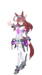 Rule 34 | 1girl, ahoge, animal ears, bad link, bare shoulders, blue eyes, breasts, brown hair, closed mouth, covered navel, detached sleeves, ear ornament, full body, game model, grey footwear, grey leotard, grey skirt, grey thighhighs, hair ornament, hairband, hairclip, high heels, highres, horse ears, horse girl, horse tail, leotard, long hair, long sleeves, looking at viewer, medium breasts, mihono bourbon (umamusume), miniskirt, necktie, outstretched arm, pink necktie, rigging, silver hairband, simple background, skirt, solo, standing, tachi-e, tail, thighhighs, transparent background, umamusume