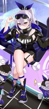 1girl absurdres alternate_costume black_unitard blush bow clothing_cutout commentary crossed_bangs crossed_legs drill_hair drill_ponytail earrings fishnet_socks fishnets goggles goggles_on_head gradient_bow grey_eyes grey_hair hair_between_eyes hair_bow hair_ornament hairclip highres honkai:_star_rail honkai_(series) jewelry long_hair looking_at_viewer low_ponytail ponytail silver_wolf_(honkai:_star_rail) single_drill sitting socks solo symbol-only_commentary thigh_strap thighs v-shaped_eyebrows yoake_(rapis0291)