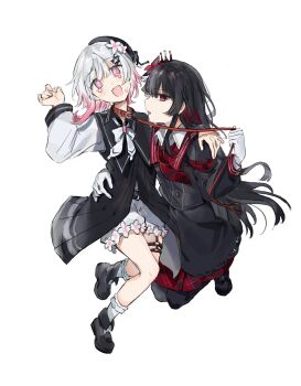 2girls :d @_@ animal_collar arm_around_waist beret black_choker black_hair black_hat black_jacket black_shirt black_shoes black_skirt chinese_commentary choker collar commentary_request confused flower full_body gloves hair_flower hair_ornament hat highres holding holding_leash jacket leash long_hair long_sleeves looking_at_viewer mahou_shoujo_no_majo_saiban multicolored_hair multiple_girls neck_ribbon necktie nikaido_hiro open_mouth pink_eyes pleated_skirt profile red_collar red_eyes red_flower red_necktie ribbon sakuraba_ema shirt shoes short_hair shorts simple_background skirt smile socks tears white_background white_flower white_gloves white_hair white_ribbon white_shorts white_socks x_hair_ornament yuri yuu_(yuul0716)