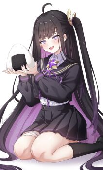 :d absurdres ahoge bandage_on_leg bandage_on_thigh bandaged_leg bandages black_hair black_sailor_collar black_serafuku black_shirt black_shoes black_skirt black_socks blush chitose_(stella_sora) colored_inner_hair food highres holding holding_food layered_shirt long_hair mole mole_under_eye multicolored_hair nariku76 one_side_up onigiri open_mouth purple_eyes purple_hair purple_ribbon ribbon sailor_collar school_uniform serafuku shirt shoes sidelocks sitting skirt smile socks stella_sora very_long_hair white_background white_shirt yokozuwari