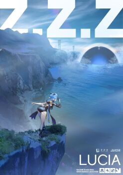 1girl absurdres accessories ass black_boots black_unitard blue_hair blue_sky boots braid braided_twintails character_name cliff english_text goat goat_girl goat_horns goat_tail grass hand_up highres hollow_(zenless_zone_zero) hood horns leaning_forward long_hair looking_afar lucia_elowen medallion mountain ocean outdoors pointy_ears rock single_sleeve sky solo tail twintails water youusun_(cosachain) zenless_zone_zero