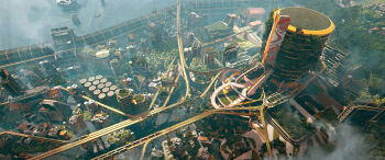 absurdres boat building city cityscape commentary day english_commentary felixriano from_above highres lake no_humans original outdoors plant railroad_tracks scenery science_fiction solarpunk tower train watercraft