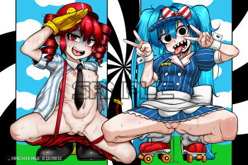 2girls aotako apron bar_censor black_boots black_eyes black_necktie blue_dress blue_hair blue_hat blue_shirt blue_sky blush boots bow breasts buttons censored cloud collared_shirt commentary_request commission double-breasted double_v dress drill_hair empty_eyes flat_chest full_body gloom_(expression) gloves grey_socks hair_between_eyes hair_intakes hat hat_bow hatsune_miku kasane_teto long_hair looking_at_viewer medium_hair mesmerizer_(vocaloid) mosaic_censoring multiple_girls navel necktie nervous_sweating nipples no_bra no_panties open_clothes open_mouth open_shirt outie_navel paid_reward_available pants puffy_short_sleeves puffy_sleeves pussy pussy_juice pussy_juice_puddle red_bow red_eyes red_hair red_hat red_pants red_shoes roller_skates salute sample_watermark sharp_teeth shirt shoes short_sleeves skates sky small_breasts smile socks spiral squatting striped_bow striped_clothes striped_dress striped_shirt suspenders sweat teeth tongue tongue_out translation_request twin_drills twintails utau v vertical-striped_clothes vertical-striped_dress very_long_hair visor_cap vocaloid waist_apron watermark white_apron white_bow white_shirt wrist_cuffs yellow_gloves