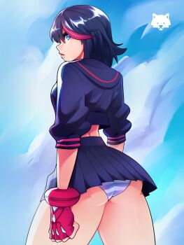 1girl absurdres ass black_hair black_sailor_collar black_shirt black_skirt blue_background blue_eyes closed_mouth commentary english_commentary fingerless_gloves from_behind gloves highres josephwolf kill_la_kill lips looking_back matoi_ryuuko multicolored_hair panties pleated_skirt purple_panties red_eyes red_gloves red_hair sailor_collar school_uniform serafuku shirt short_hair skirt solo striped_clothes striped_panties two-tone_hair underwear white_panties