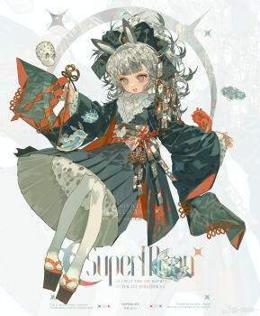 1girl :d absurdres animal_ears black_bow blue_eyes bow frills full_body grey_hair hair_bow highres holding japanese_clothes kimono long_hair long_sleeves looking_at_viewer obi open_mouth original pantyhose platform_clogs sash skirt smile solo white_background white_pantyhose wide_sleeves zuizui