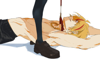 Rule 34 | 1boy, 1girl, ahoge, animal collar, blonde hair, braid, braided ponytail, collar, fate/strange fake, fate (series), leash, lying, multicolored hair, on back, open mouth, pantyhose, papaparah, pet play, red eyes, red streaks, richard i (fate), sajou ayaka (fate/strange fake), shoes, simple background, single braid, smile, standing, toned, toned male, topless male, white background