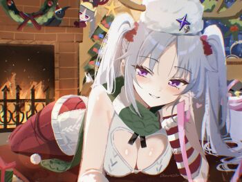 2girls arm_support bare_shoulders blush breasts character_request christmas cleavage cleavage_cutout clothing_cutout commentary danraz0r fireplace green_scarf hat highres holding holding_ribbon indoors laru_(snowish)_(stella_sora) laru_(stella_sora) long_hair looking_at_viewer lying multiple_girls official_alternate_costume on_stomach pantyhose pink_ribbon purple_eyes red_pantyhose ribbon scarf side_cutout smile stella_sora twintails white_hair white_hat