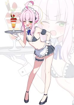 1girl absurdres ahoge alternate_costume apron bikini bikini_skirt black_bikini black_skirt blue_archive blush braid braided_bun flat_chest frilled_apron frilled_bikini frilled_skirt frilled_thigh_strap frills gloves green_eyes hair_bun high_heels highres holding holding_tray horizontal_pupils hururu_game kaya_(blue_archive) long_hair maid maid_apron maid_bikini maid_headdress miniskirt navel one_eye_closed pink_hair pleated_skirt sidelocks skirt swimsuit thigh_strap tray unconventional_maid waist_apron white_apron white_gloves white_wrist_cuffs wrist_cuffs zoom_layer