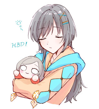 1girl :/ ceras_yanagida_lilienfeld ceras_yanagida_lilienfeld_(sega_lucky_lottery_sleepwear) character_doll closed_eyes closed_mouth commentary doll facing_viewer grey_hair hair_ornament hairclip hashtag-only_commentary highres hood hood_down hooded_jacket jacket jellyfish_cut katsuragi_izumi katsuragi_izumi_(birthday_sleepwear) link!_like!_love_live! long_hair long_sleeves love_live! nesoberi orange_jacket parallel_hairclips simple_background solo squeans virtual_youtuber white_background x_hair_ornament zangemiya