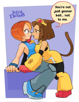 animal_ears backless_shirt bare_shoulders blue_shirt brown_eyes brown_hair butterfly_(planetronika) cat_ears cat_girl cat_tail commentary dark-skinned_female dark_skin denim dress english_commentary english_text furry furry_female gameoverse gauntlets goggles goggles_on_head highres jeans jiffy_draws kit_bodega looking_at_viewer multicolored_hair orange_hair pants planetronika red_eyes shirt short_hair sleeveless tail tears two-tone_hair whiskers yellow_dress yellow_gauntlets yuri