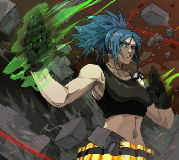 1girl blue_eyes blue_hair breasts gloves huge_breasts kosukekurokami large_breasts leona_heidern mavrost military pale_skin ponytail shirt tank_top the_king_of_fighters