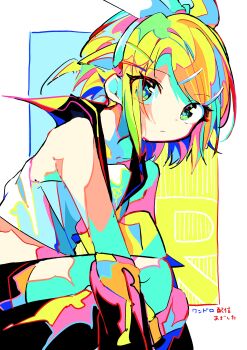 1girl absurdres aqua_eyes armpit_crease bare_shoulders blonde_hair blue_eyes bow cel_shading closed_mouth collarbone colored_skin crop_top detached_sleeves eyelashes green_eyes hair_bow hair_ornament hairband hairclip highres kagamine_rin kasaki_sakura leg_warmers looking_at_viewer midriff multicolored_clothes multicolored_hair multicolored_skin neckerchief sailor_collar shirt short_hair shorts sideways_glance sitting sleeveless sleeveless_shirt solo treble_clef vocaloid white_bow yellow_neckerchief