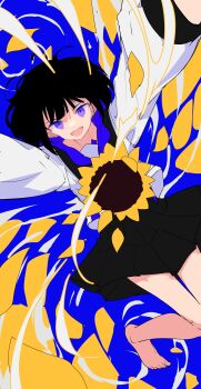 1girl :d absurdres barefoot black_hair black_skirt blue_background bob_cut flower highres hood hood_down knees_together_feet_apart long_sleeves looking_at_viewer multicolored_hair open_mouth original osisio petals pleated_skirt puffy_long_sleeves puffy_sleeves purple_eyes purple_hair short_hair simple_background skirt smile solo sunflower two-tone_hair yellow_flower