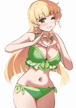 1girl ;d bikini blonde_hair blunt_bangs blunt_ends blush breasts cowboy_shot green_bikini green_eyes grin heanna_sumire heart heart-shaped_pupils heart_hands highres large_breasts long_hair looking_at_viewer love_live! love_live!_superstar!! navel one_eye_closed open_mouth pisagi simple_background smile solo standing swimsuit symbol-shaped_pupils teeth white_background
